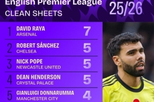 拉亞7場零封是本賽季英超門將最多，杜布拉夫卡46次撲救最多