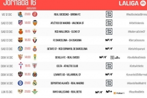 西甲第16輪時(shí)間：巴薩12月14日01:30對陣奧薩蘇納，皇馬15日出戰(zhàn)