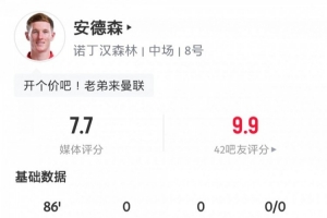 閃耀安菲爾德！安德森數(shù)據(jù)：3次關(guān)鍵傳球，長(zhǎng)傳成功率57.1%