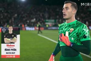 完成5次撲救！官方：埃爾切門將佩尼亞當選全場最佳球員