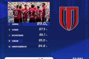 中超第30輪傳球成功率榜：蓉城89%居首，國(guó)安、浙江列二三位