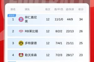 德甲積分榜：拜仁逆轉(zhuǎn)8分領(lǐng)跑，第2萊比錫翻車+第3藥廠輸球掉第4