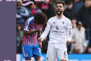 兩次助攻，官方：B費當選曼聯(lián)2-1逆轉水晶宮隊內(nèi)最佳球員