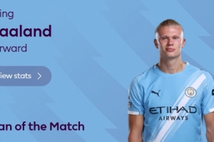 解鎖英超百球+造3球！英超官方：哈蘭德當(dāng)選富勒姆vs曼城全場(chǎng)MVP