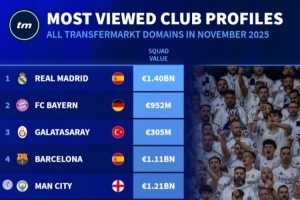 11月德轉(zhuǎn)俱樂(lè)部頁(yè)面瀏覽量排名：皇馬、拜仁、加拉塔薩雷前三