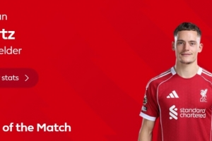 造烏龍扳平比分！維爾茨當(dāng)選利物浦vs桑德蘭最佳球員