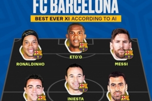 AI評巴薩隊(duì)史最佳陣：梅西、小羅、埃托奧三叉戟，哈維、小白在列