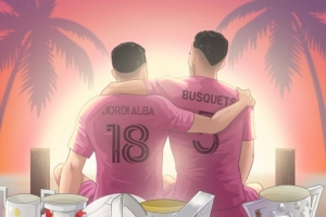 美職聯(lián)曬海報致敬阿爾巴、布斯克茨：懷抱獎杯并肩策馬，步入夕陽