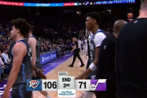 差距懸殊！爵士三節(jié)71-106落后雷霆35分 三節(jié)得分比雷霆半場(chǎng)少3分