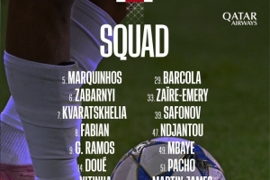 巴黎對陣畢巴大名單：杜埃、努諾·門德斯回歸，登貝萊缺席